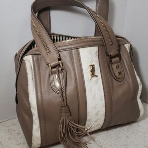 Taupe and Cream Satchel Handbag with Tassel
